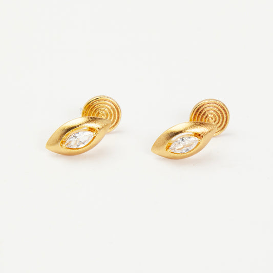 small gold-tone clip-on stud earring  featuring a marquise-cut clear gem.