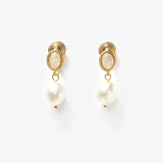 Pair of gold-tone, coil-back clip-on earrings with an oval, bezel-set iridescent opal-effect stone and a dangling real, irregularly shaped baroque freshwater pearl.