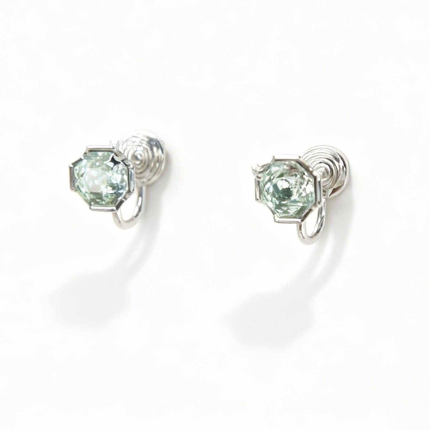 Octagon Mint Green Gem Clip-On Earrings | Silver Tone Studs | Coil Back Comfort