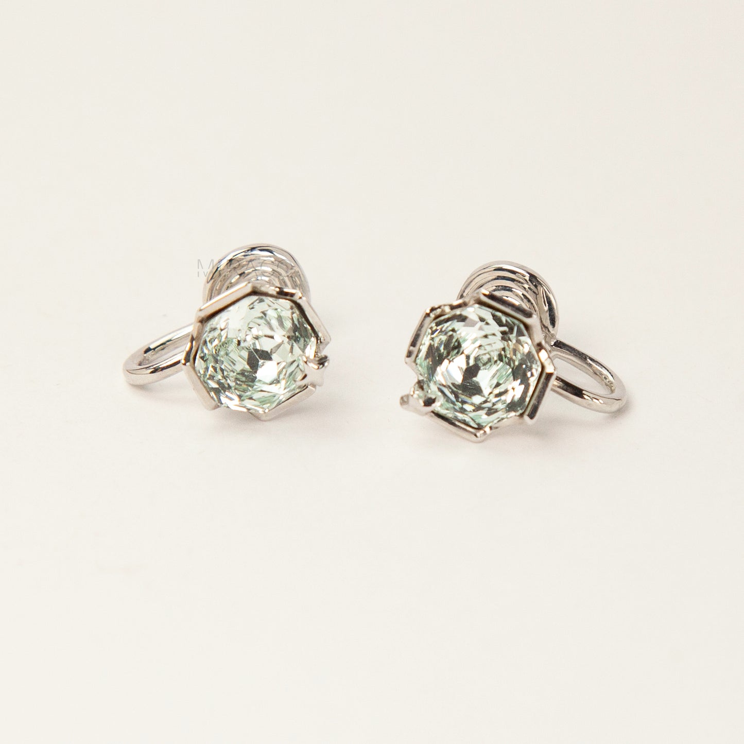 Octagon Mint Green Gem Clip-On Earrings | Silver Tone Studs | Coil Back Comfort