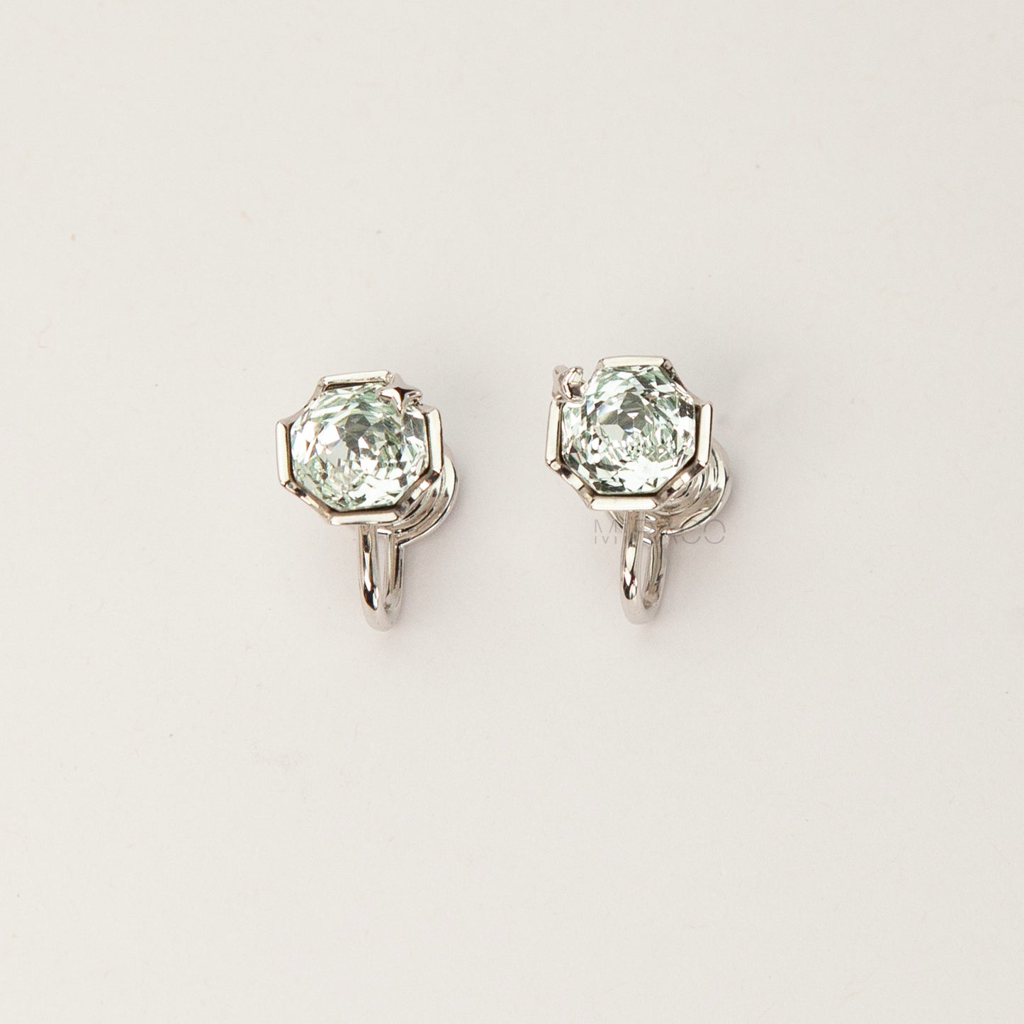Octagon Mint Green Gem Clip-On Earrings | Silver Tone Studs | Coil Back Comfort