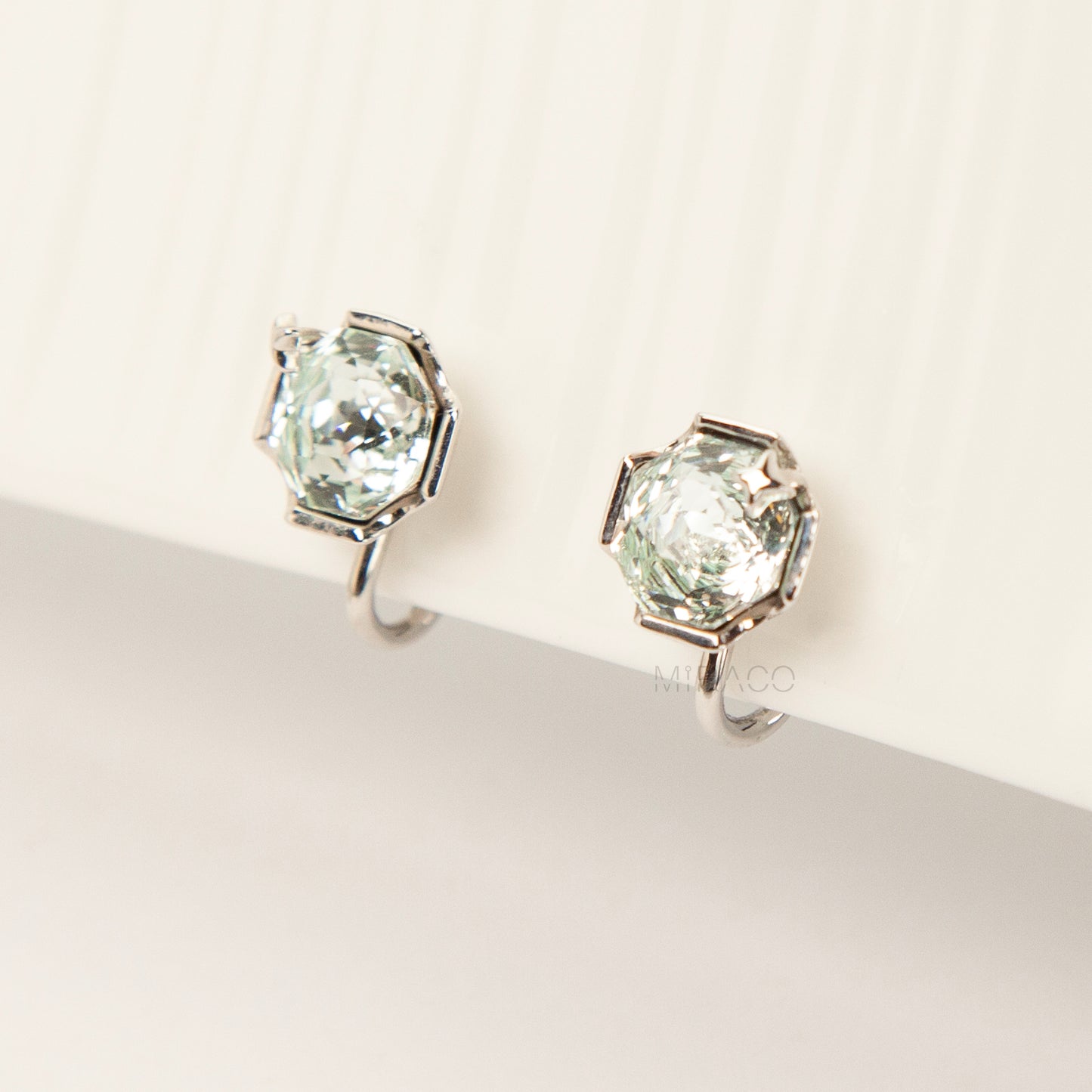 Octagon Mint Green Gem Clip-On Earrings | Silver Tone Studs | Coil Back Comfort