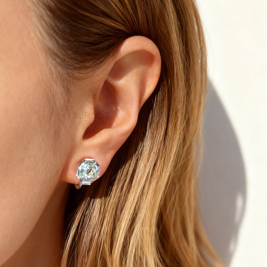 Octagon Mint Green Gem Clip-On Earrings | Silver Tone Studs | Coil Back Comfort
