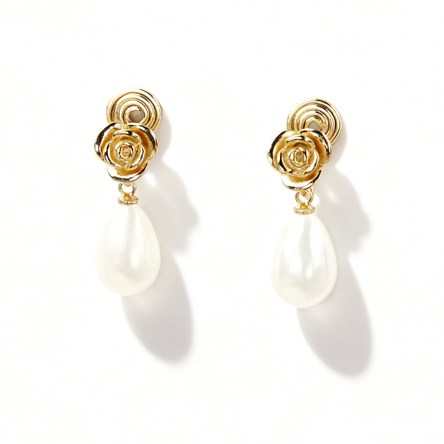 Vintage Gold Rose & Faux Pearl Dangle Clip-On Earrings
