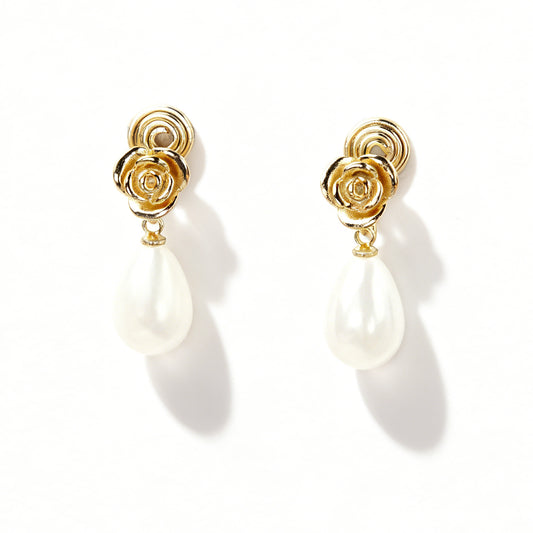 Vintage Gold Rose & Faux Pearl Dangle Clip-On Earrings