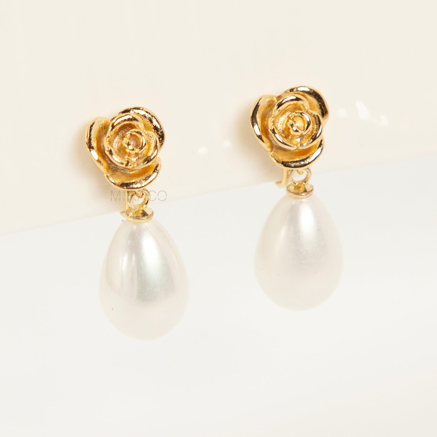Vintage Gold Rose & Faux Pearl Dangle Clip-On Earrings