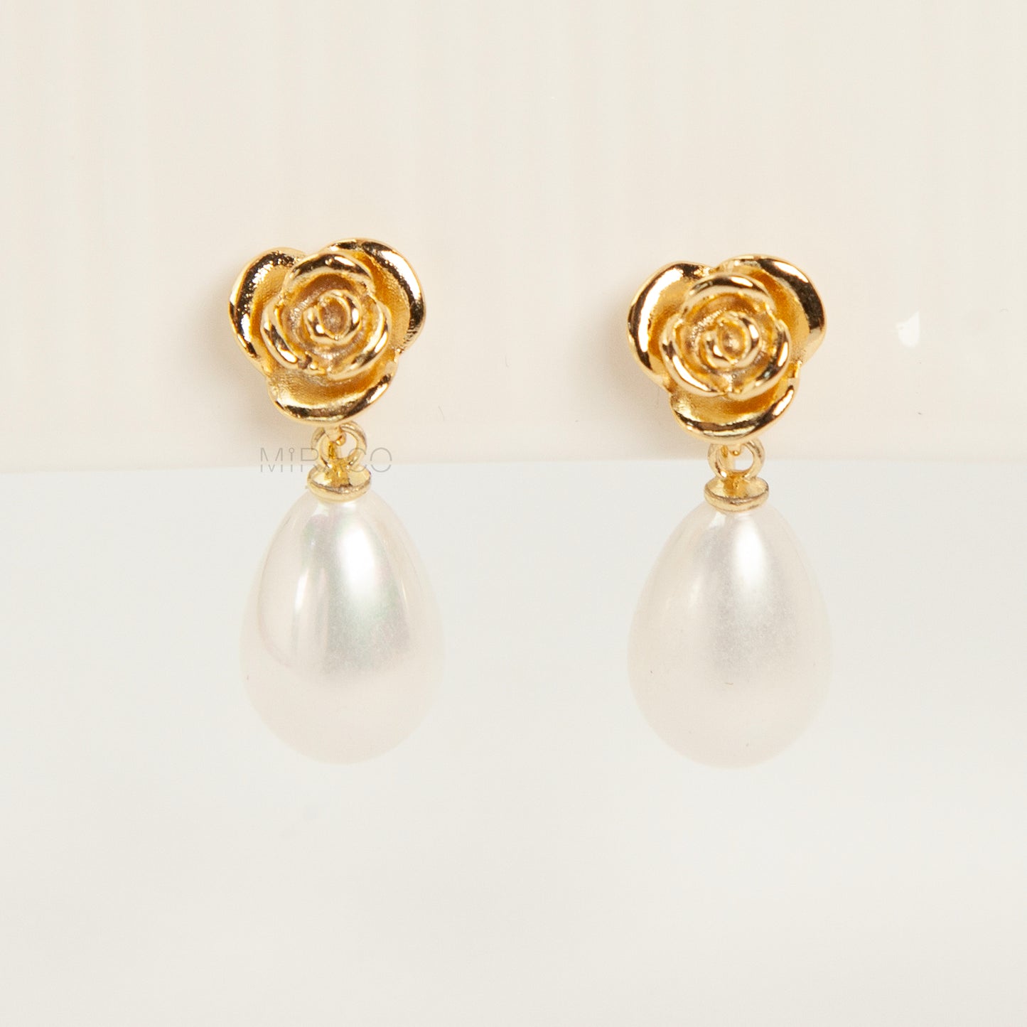 Vintage Gold Rose & Faux Pearl Dangle Clip-On Earrings
