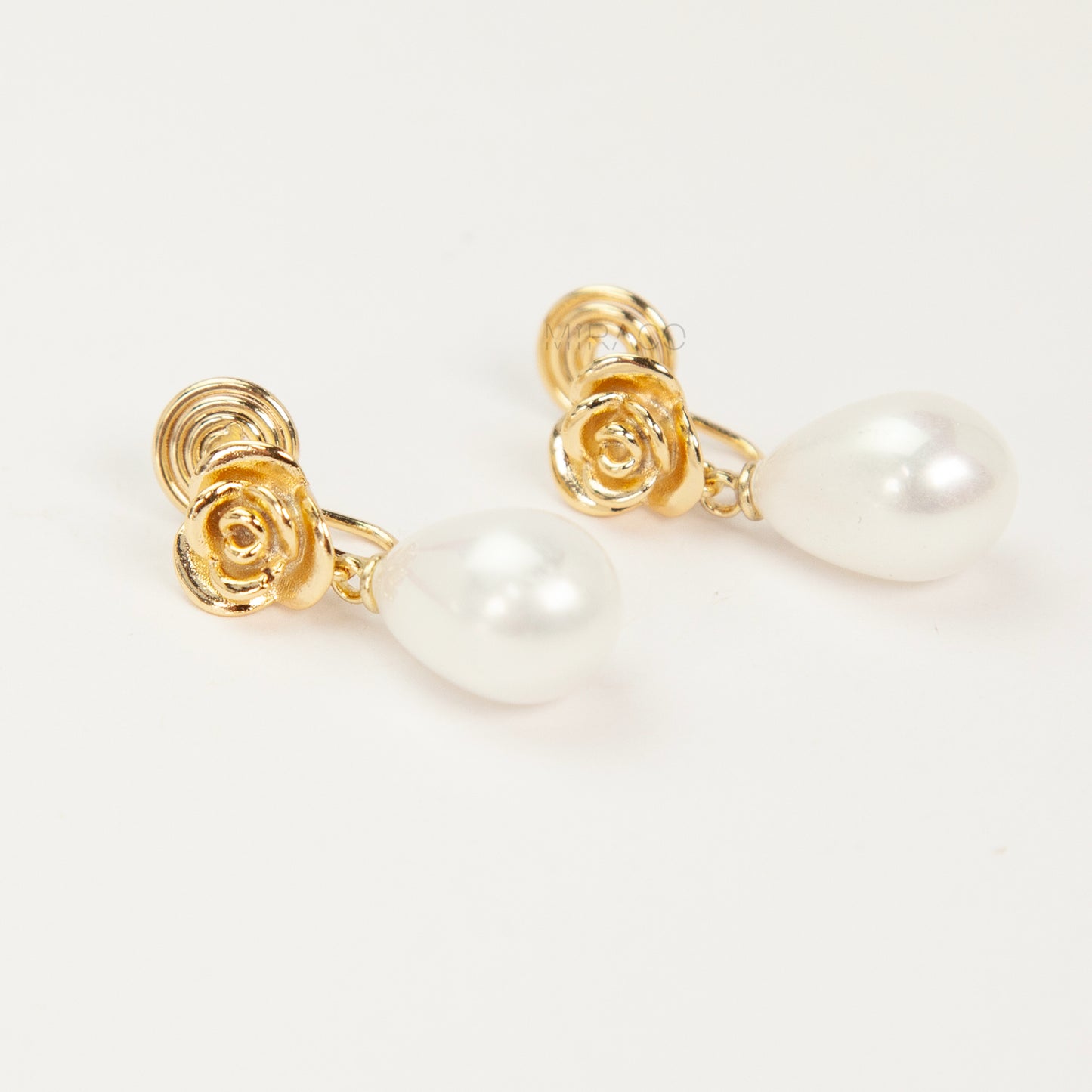 Vintage Gold Rose & Faux Pearl Dangle Clip-On Earrings