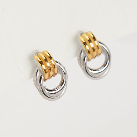 Two-tone silver and gold linked hoop clip-on earrings with invisible clips for non-pierced ears