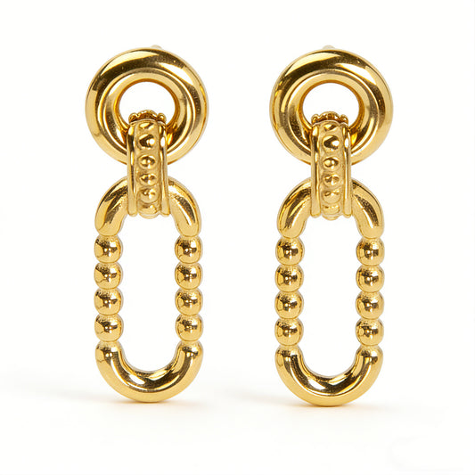 Gold beaded link drop clip-on earrings with invisible clips for non-pierced ears and polished finish