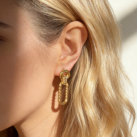 Gold beaded link drop clip-on earrings with invisible clips for non-pierced ears and polished finish