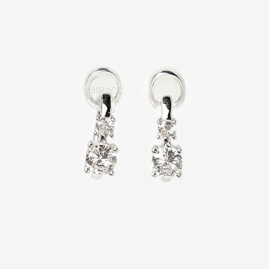 Silver clip-on hoop earrings featuring two clear square CZ stones with round silicone back