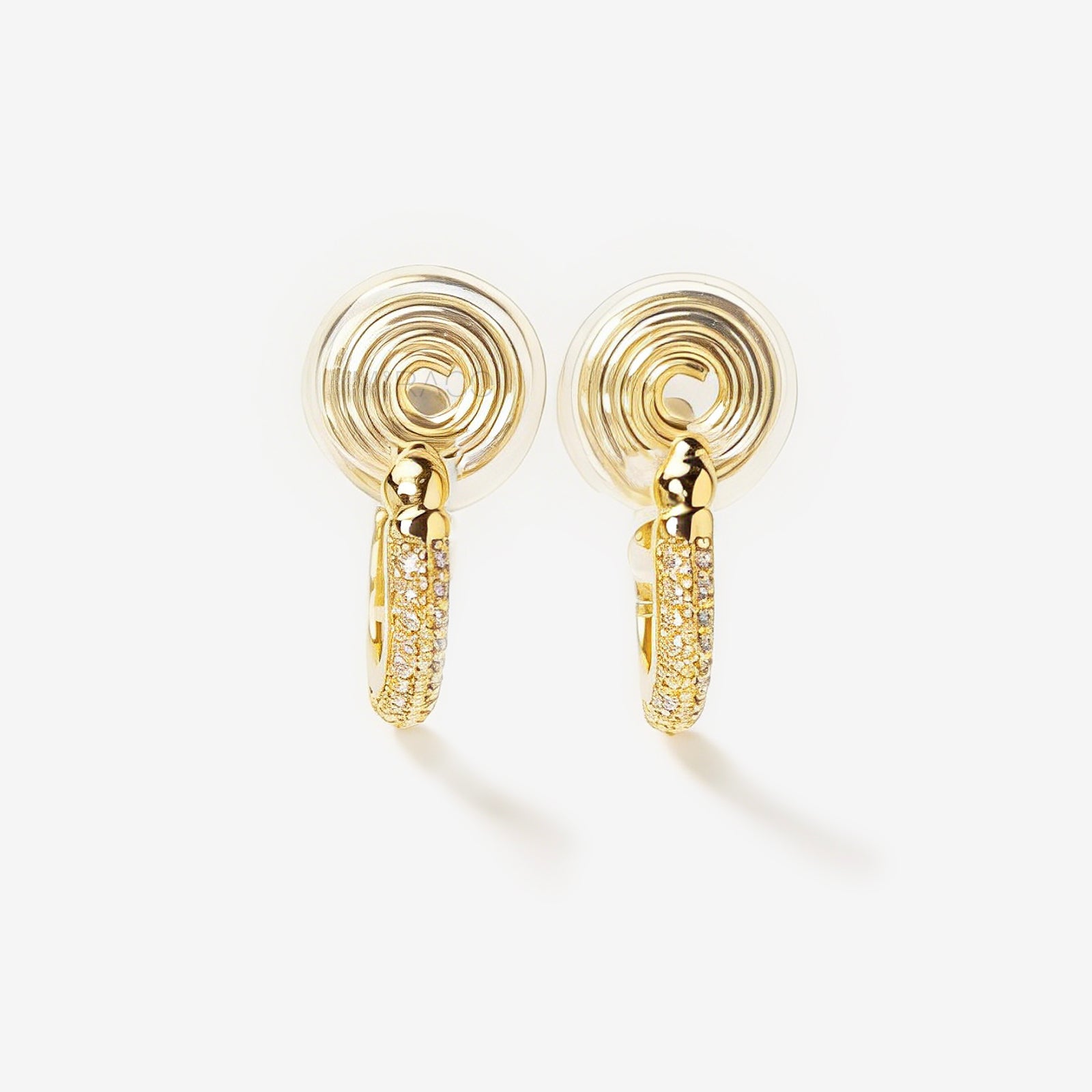 Gold clip-on hoop earrings with sparkling pave diamonds and coil back clips