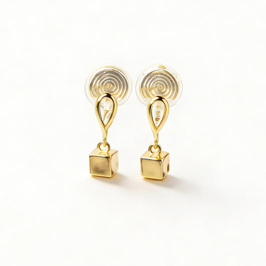 Gold cube coil back clip on earrings - no piercing minimalist drop dangle fashion jewellery with secure comfortable closure