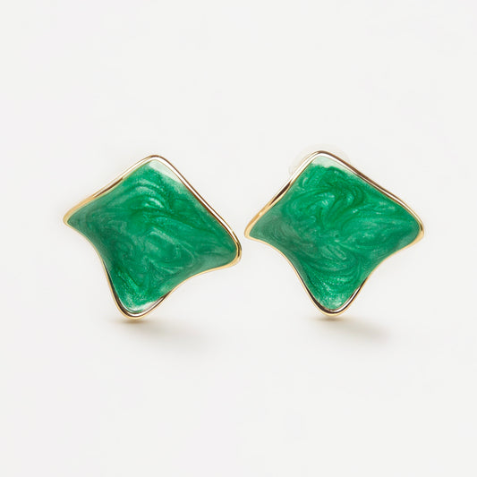 Pair of square-shaped emerald green marbled enamel clip-on earrings with gold-tone edges and comfortable coil back closures.
