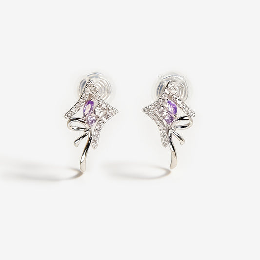 Pair of silver-tone bow-shaped clip-on earrings featuring purple amethyst stones, pave crystals, and comfortable invisible coil back closures.