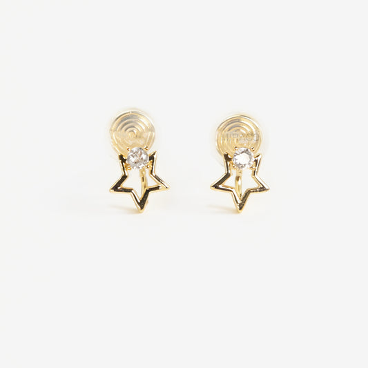Pair of gold-tone open star-shaped clip-on earrings featuring a small clear crystal and comfortable invisible coil back closures.