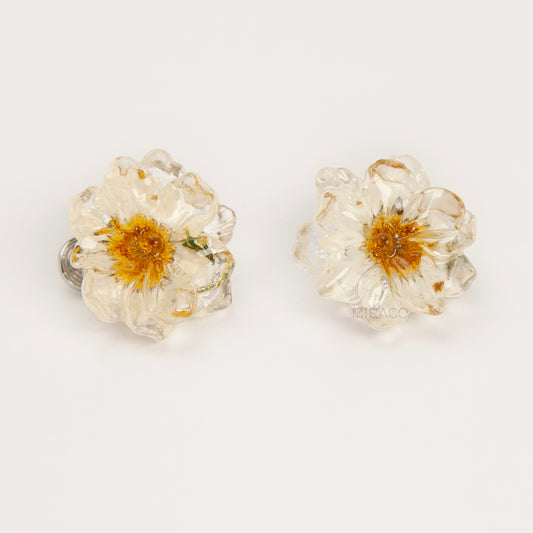 Pair of clear resin flower clip-on earrings containing real dried white and yellow flowers with silver-tone adjustable coil backings.