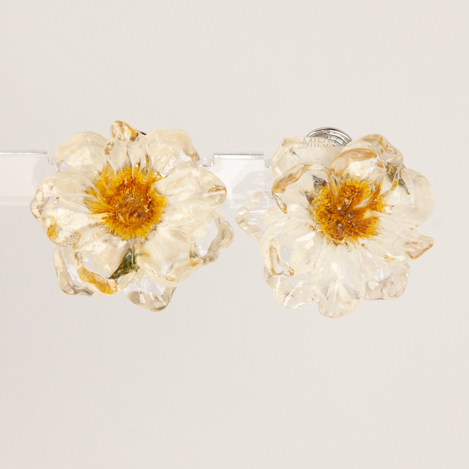 Pair of clear resin flower clip-on earrings containing real dried white and yellow flowers with silver-tone adjustable coil backings.