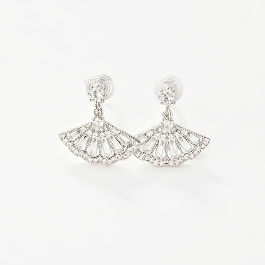A pair of silver-tone Art Deco style clip-on drop earrings featuring a fan-shaped design set with baguette and round clear crystals, with adjustable coil-spring backs.