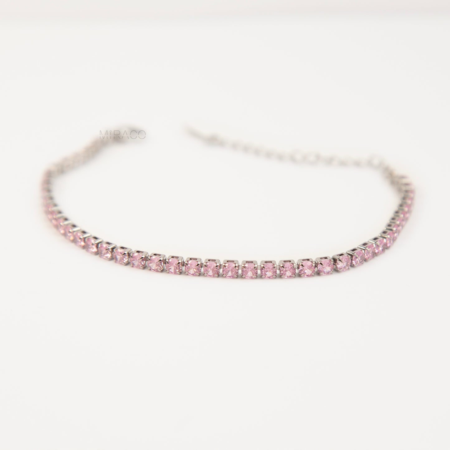 Silver Sparkling Pink Crystal Tennis Bracelet – Adjustable Stainless Steel Chain