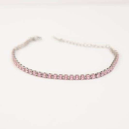 Silver Sparkling Pink Crystal Tennis Bracelet – Adjustable Stainless Steel Chain