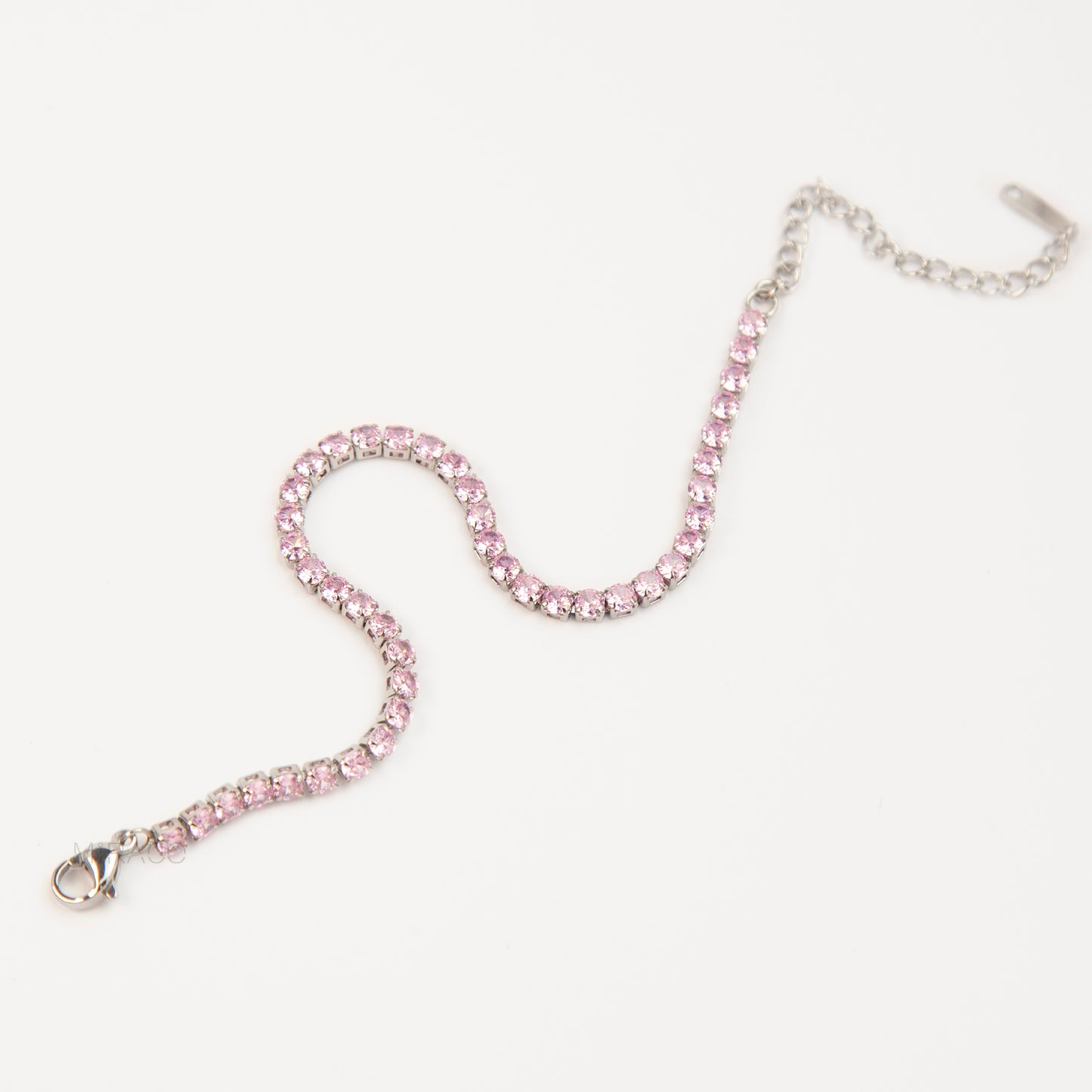Silver Sparkling Pink Crystal Tennis Bracelet – Adjustable Stainless Steel Chain