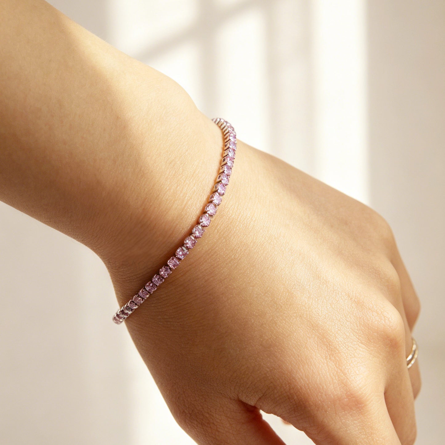 Silver Sparkling Pink Crystal Tennis Bracelet – Adjustable Stainless Steel Chain
