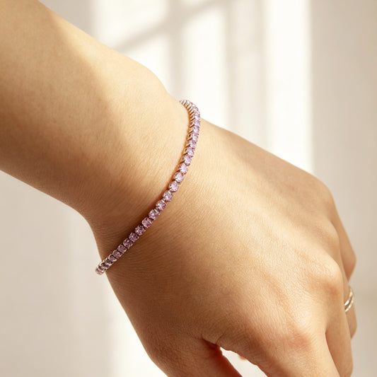 Silver Sparkling Pink Crystal Tennis Bracelet – Adjustable Stainless Steel Chain