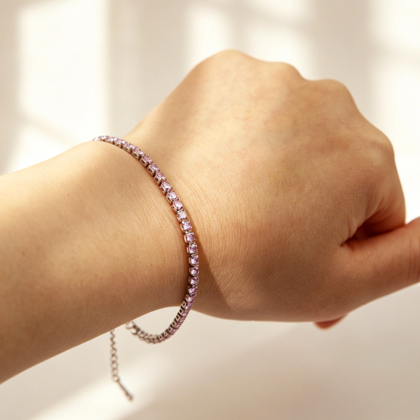 Silver Sparkling Pink Crystal Tennis Bracelet – Adjustable Stainless Steel Chain