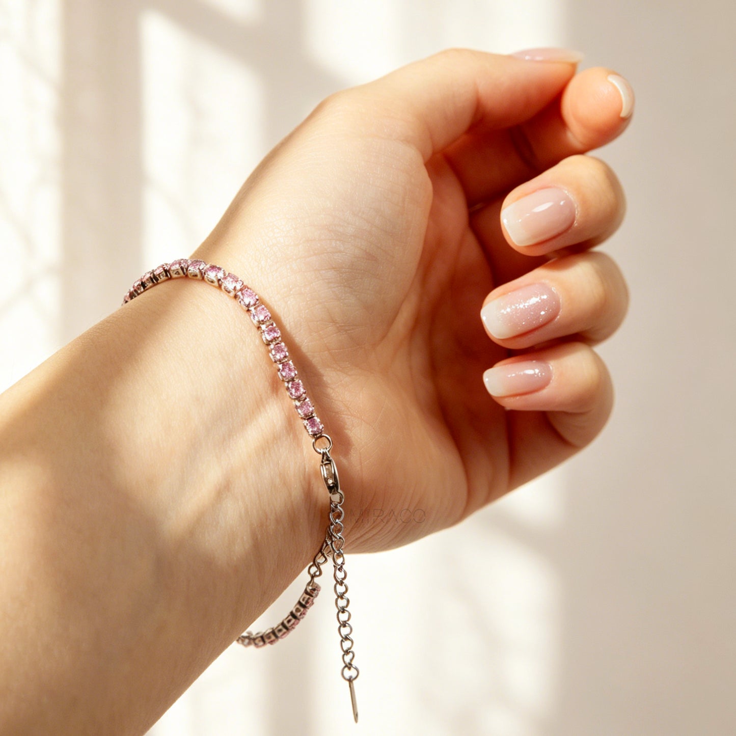 Silver Sparkling Pink Crystal Tennis Bracelet – Adjustable Stainless Steel Chain