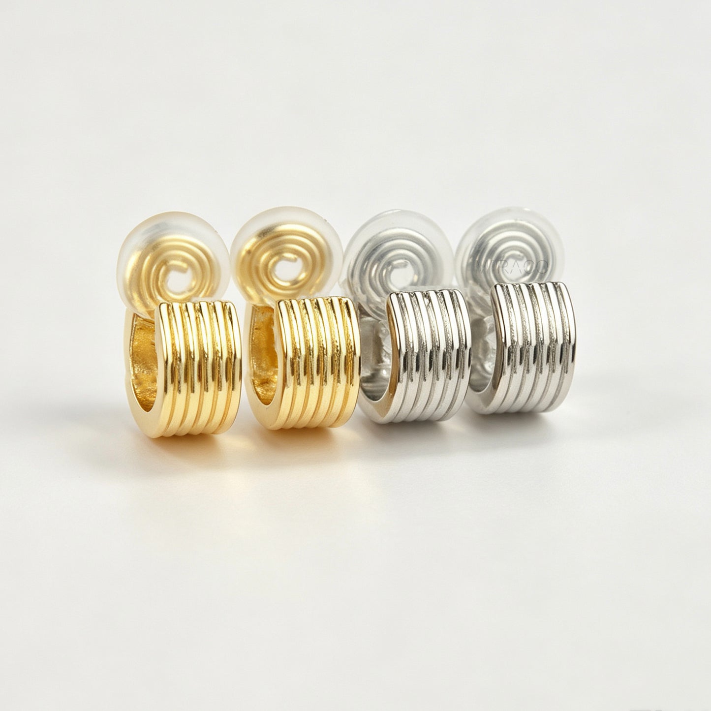 Ribbed Chunk Huggie Clip On Earrings, Non Pierced Grooved Coil Back Hoops