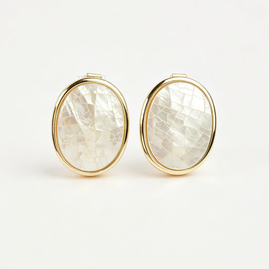 Pair of oval gold-tone non-pierced clip-on earrings with mini clip backs, set with iridescent white mother of pearl shell mosaic inlay.