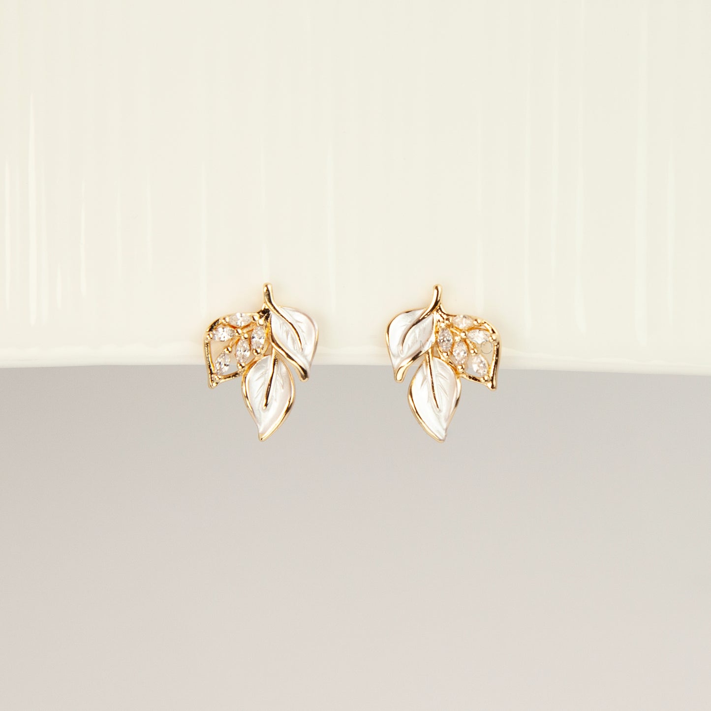 Gold White Enamel Leaf Clip-On Earrings, Non-Pierced Crystal Botanical Studs