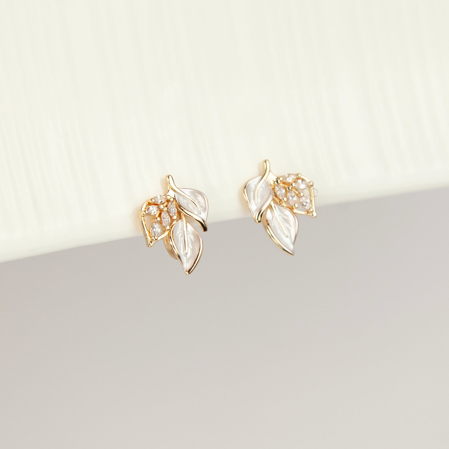 Gold White Enamel Leaf Clip-On Earrings, Non-Pierced Crystal Botanical Studs