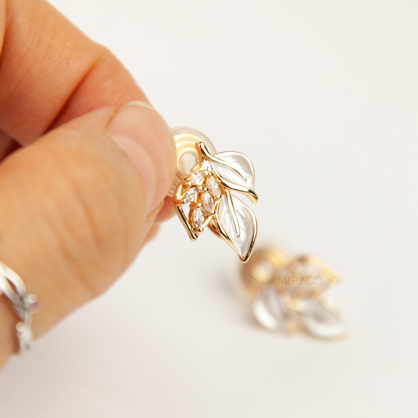 Gold White Enamel Leaf Clip-On Earrings, Non-Pierced Crystal Botanical Studs