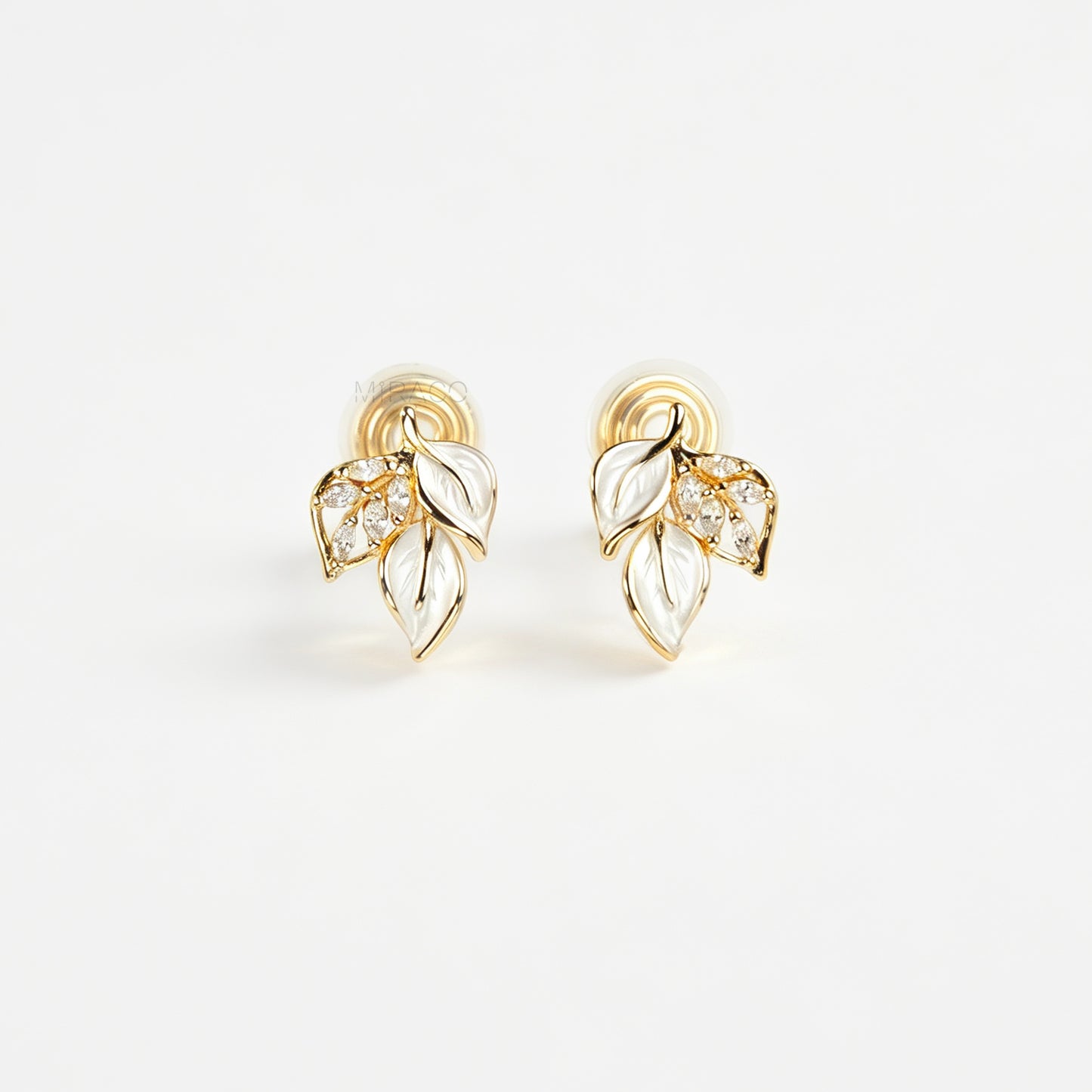 Gold White Enamel Leaf Clip-On Earrings, Non-Pierced Crystal Botanical Studs