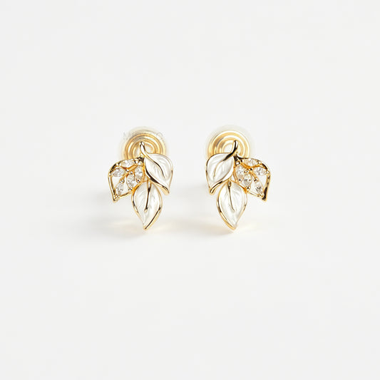 Gold White Enamel Leaf Clip-On Earrings, Non-Pierced Crystal Botanical Studs