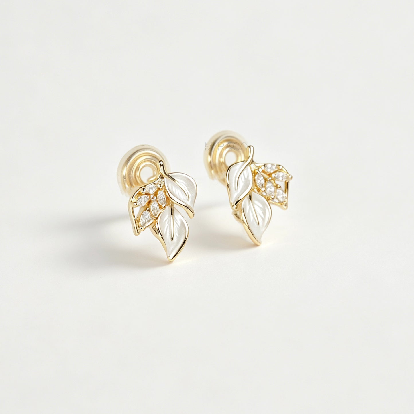 Gold White Enamel Leaf Clip-On Earrings, Non-Pierced Crystal Botanical Studs