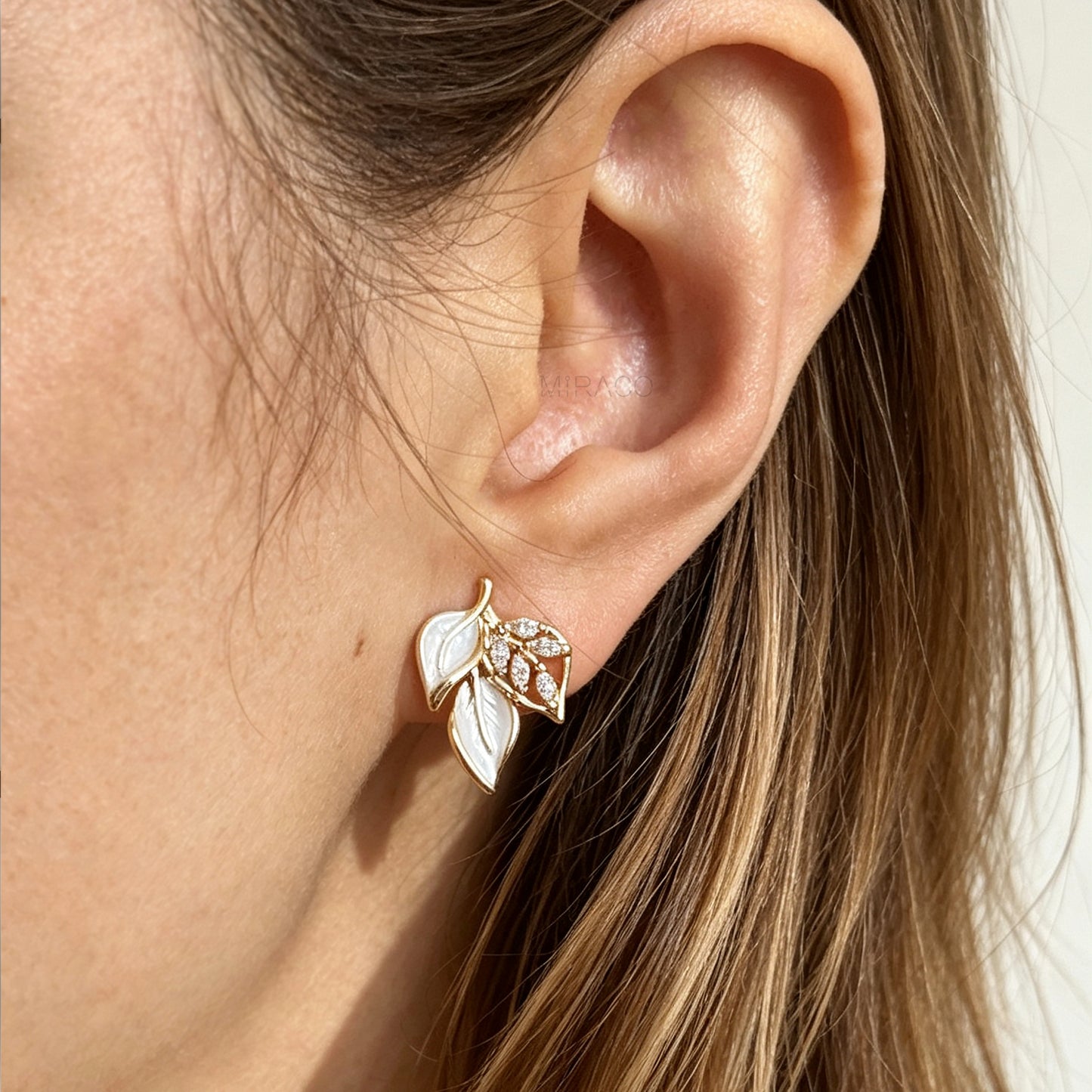 Gold White Enamel Leaf Clip-On Earrings, Non-Pierced Crystal Botanical Studs