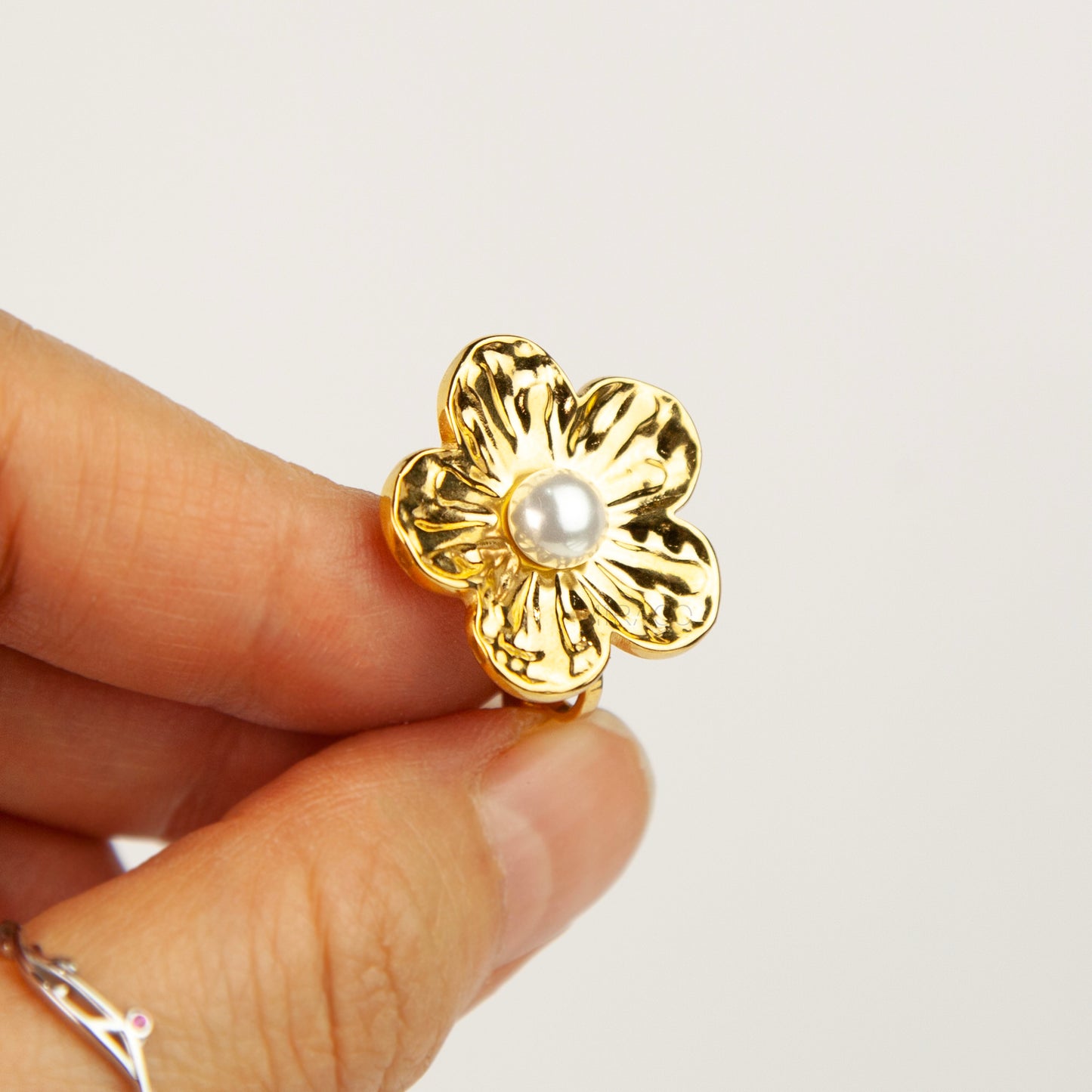 Gold Pearl Flower Clip-On Earrings, Non-Pierced Textured Floral Studs with Paddle Backs