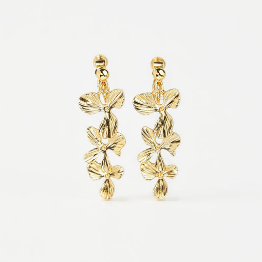 Pair of gold textured floral clip-on earrings with adjustable screw-back closures showing cascading layered flower petals on a clean neutral background