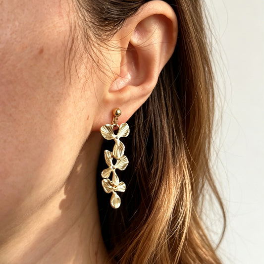 Pair of gold textured floral clip-on earrings with adjustable screw-back closures showing cascading layered flower petals on a clean neutral background