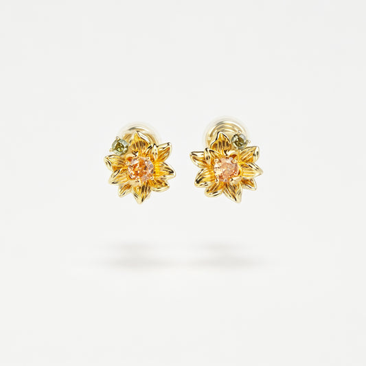 Pair of detailed gold sunflower clip-on stud earrings with amber crystal centers and olive green stone accents