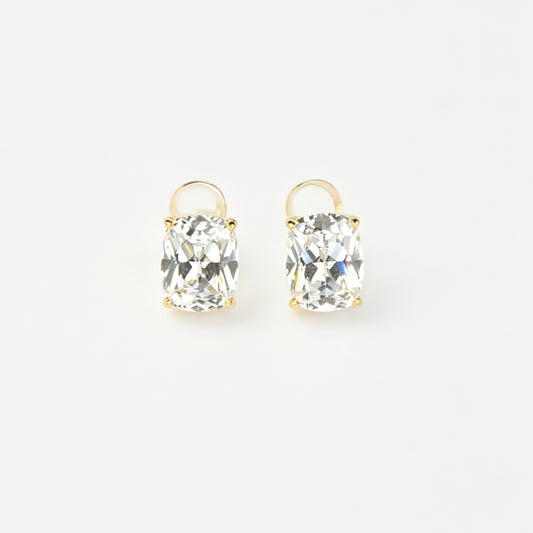 Gold-tone clip-on stud earrings set with large cushion-cut clear crystals and round silicone backs 