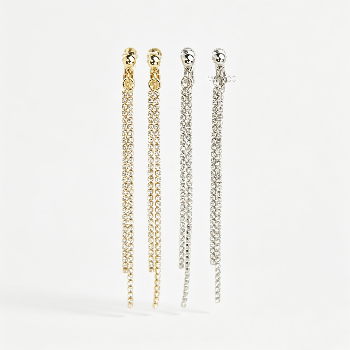 Gold and silver long crystal fringe tassel clip-on earrings with adjustable screw back and mini clip options 