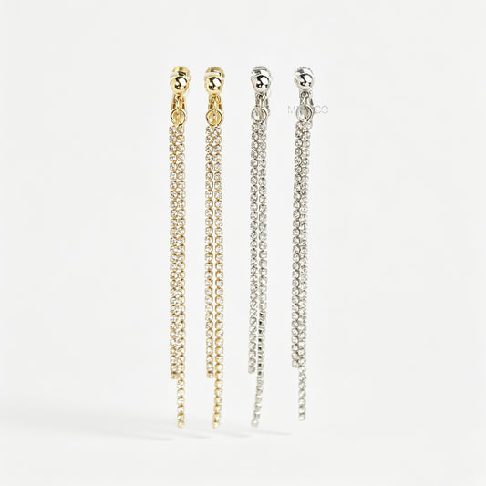 Gold and silver long crystal fringe tassel clip-on earrings with adjustable screw back and mini clip options 
