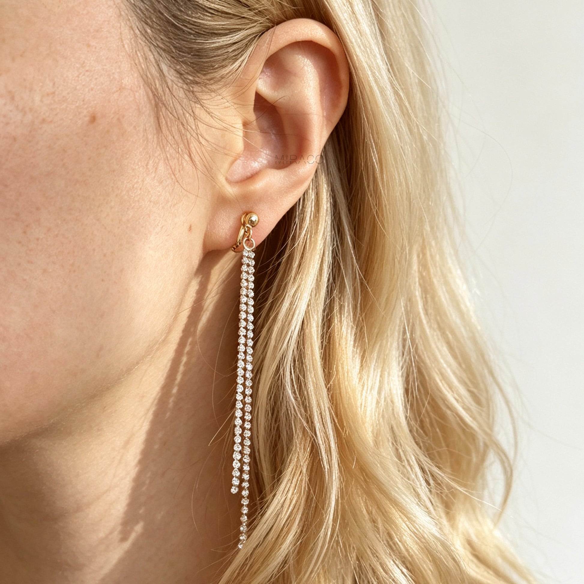 Gold and silver long crystal fringe tassel clip-on earrings with adjustable screw back and mini clip options 