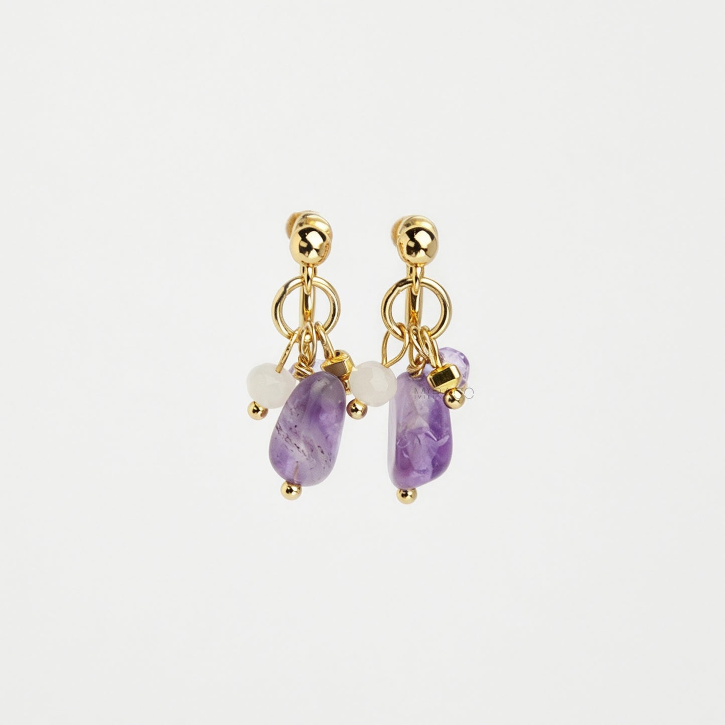 Gold screw-back clip-on hoop earrings with a raw purple amethyst stone, faceted lilac crystal charm, and white bead displayed on a light background.