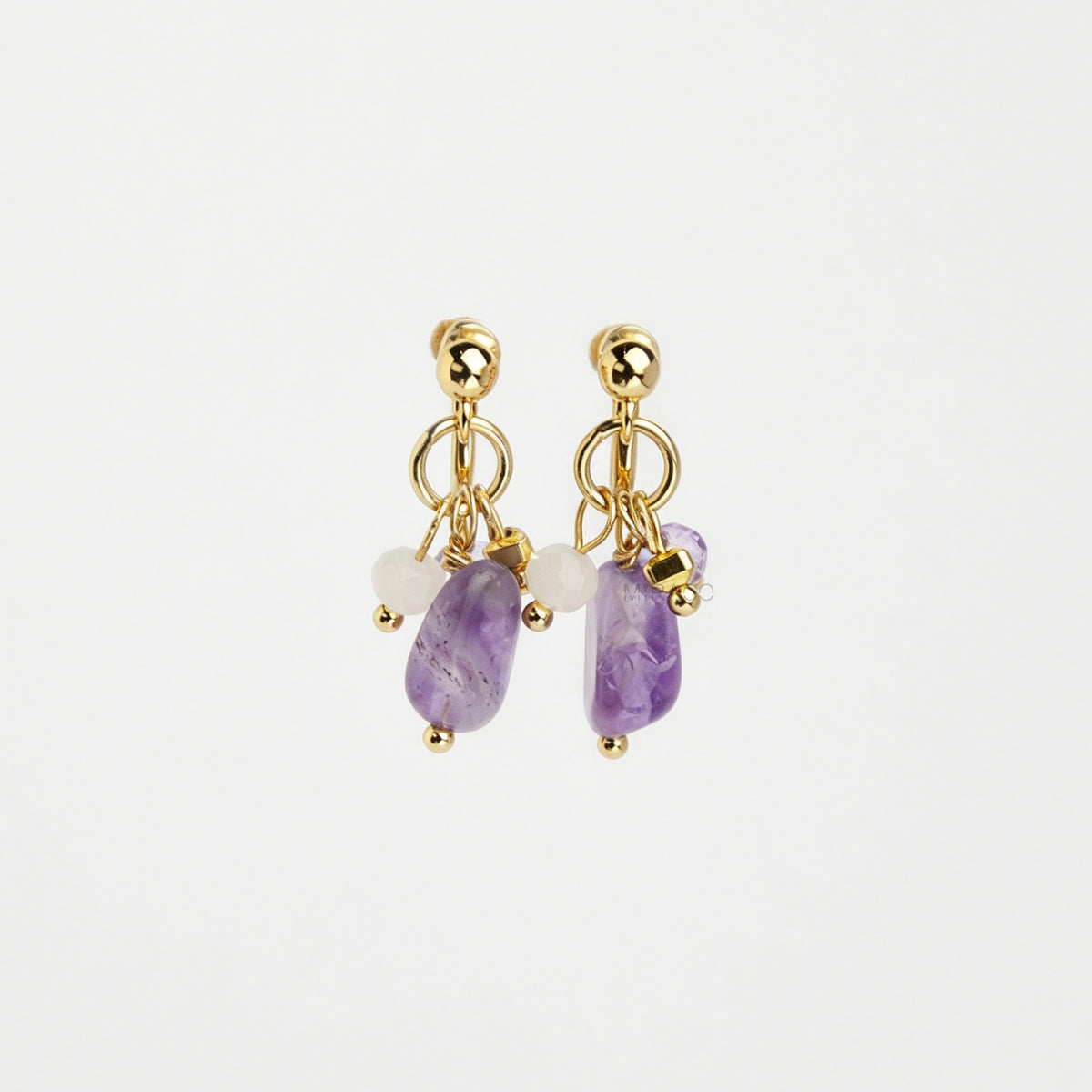Gold screw-back clip-on hoop earrings with a raw purple amethyst stone, faceted lilac crystal charm, and white bead displayed on a light background.